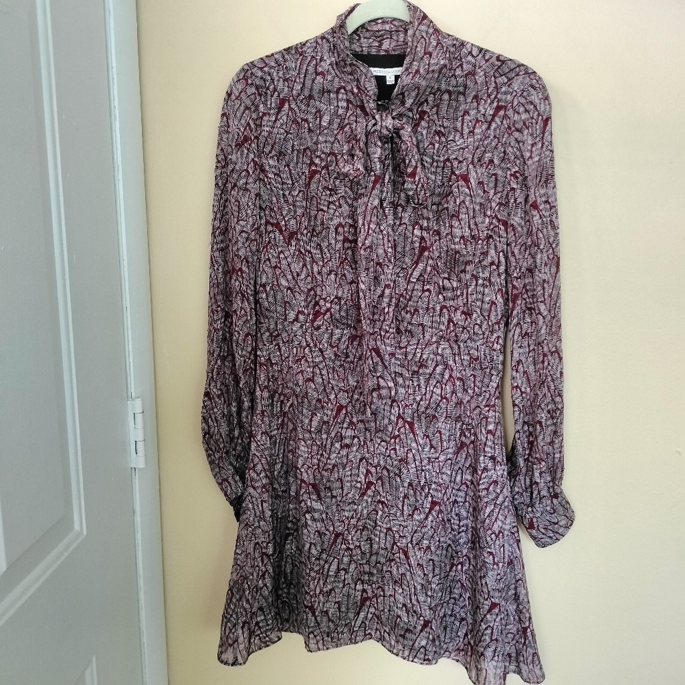 Rebecca Minkoff Lined Tie Burgundy Black Patterned Pockets Dress 6 Office Career